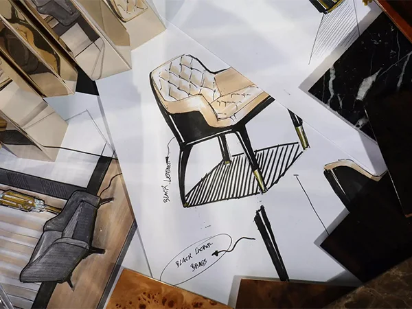 Hand-drawn bespoke furniture design sketches for luxury armchairs with marble and wood samples, interior design services at Ajwaad Palace, Muscat, Oman.