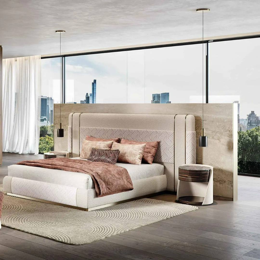 Luxury master bedroom furniture with contemporary upholstered bed and designer lighting by Ajwaad Palace, Muscat, Oman.
