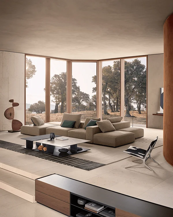 Luxury Italian modular sofa set and contemporary living room furniture at Ajwaad Palace showroom, premium villa interiors in Muscat, Oman.