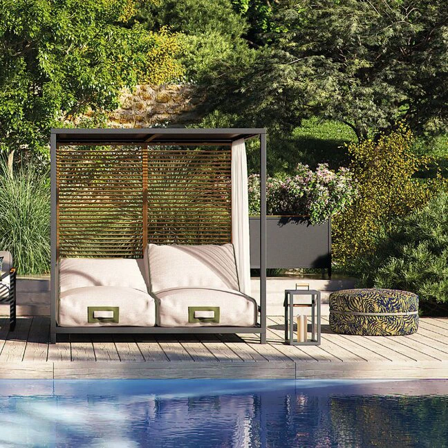 Luxury modern outdoor daybed and poolside cabana furniture by Atmosphera at Ajwaad Palace showroom, Muscat, Oman.
